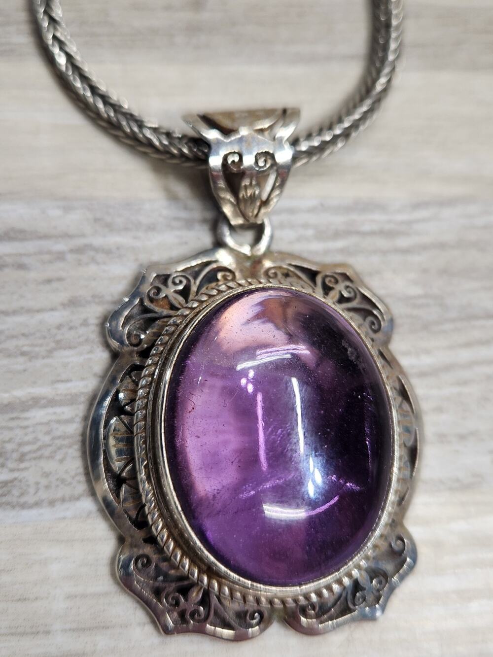 Amethyst Cabuchon/Sterling Silver 925 Vintage Pendant With Silver 925 Necklace